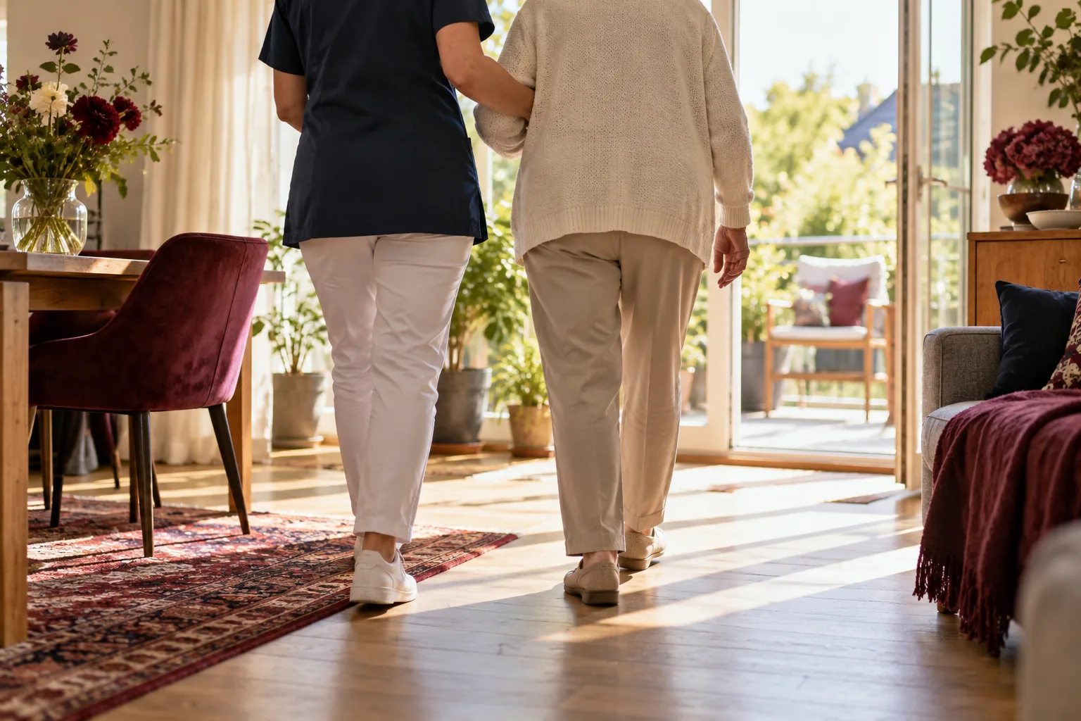 Pflegekraft begleitet einen älteren Menschen von hinten im häuslichen Alltag